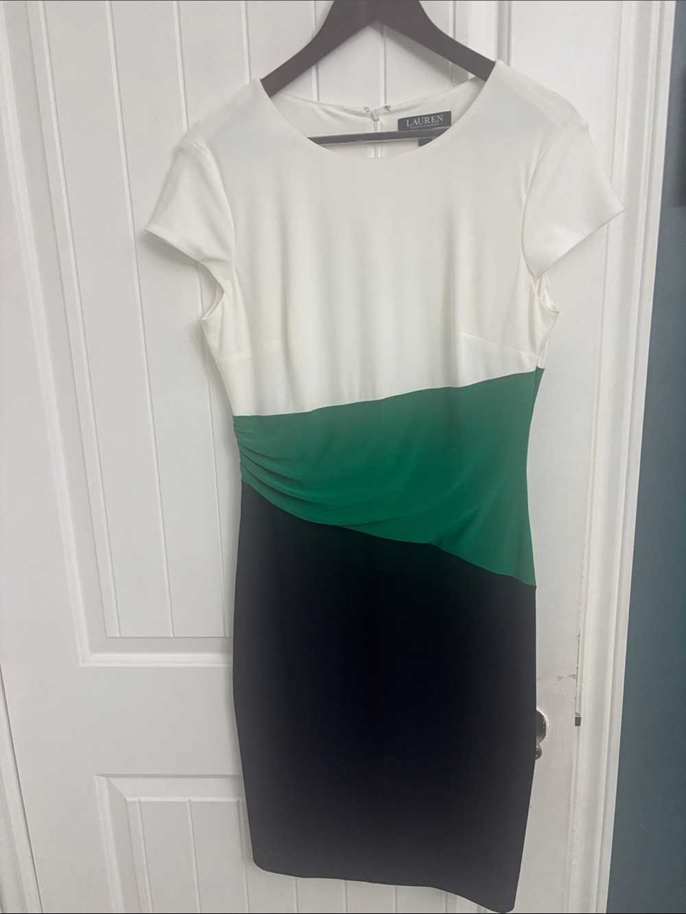 Lauren Ralph Lauren Creamy White, Green & Black Colorblock Sheath Dress